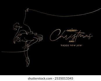 Golden christmas ballerina in continuous line drawing style on black background