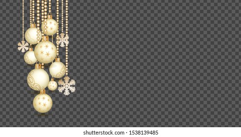 Golden Christmas balls background. Festive xmas decoration gold bauble and bright snowflake, hanging on the ribbon bead