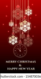 Golden Christmas balls background. Festive xmas decoration gold bauble and bright snowflake, for hours hanging on the ribbon chains