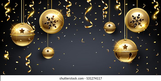 Golden Christmas balls and confetti on dark background. Vector illustration