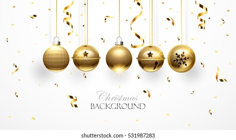 Golden Christmas balls and confetti on white background. Vector illustration