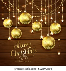 Golden Christmas balls and decorative stars on brown wooden background, lettering Merry Christmas and Happy New Year with gold holiday decoration, illustration.