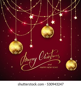 Golden Christmas balls and decorative stars on red holiday background with lettering Merry Christmas and Happy New Year, illustration.