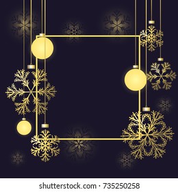 Golden christmas balls. Frame. New Year. Celebration. Winter. Beautiful vector illustration. Dark background. Snowflakes.