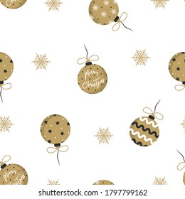 Golden christmas balls with gift bows isolated on white. Seamless pattern with christmas tree decorations. Vector illustration in flat style.