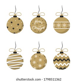 Golden christmas balls with gift bows isolated on white. Set of christmas tree decoration. Vector illustration in flat style.