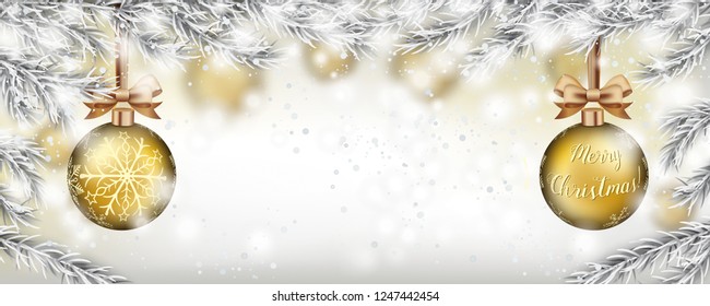 Golden Christmas balls with the greeting Merry Christmas in 5 languages. Eps 10 vector file.