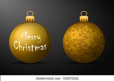 Golden christmas balls with golden holders. Set of isolated realistic decorations on black background. Vector illustrations