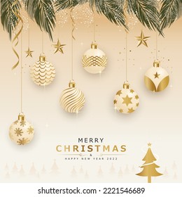 Las bolas de Navidad doradas iluminan el fondo. Nochebuena festiva decoración bailes de navidad y copo de nieve brillante, estrellas, colgando de la cinta. Plantilla de diseño de banner de ilustración de vector EPS 10