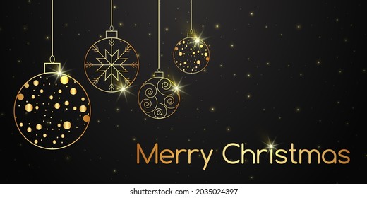 Golden Christmas balls on a dark background with shimmering highlights. Festive background design for cards, posters, banners.