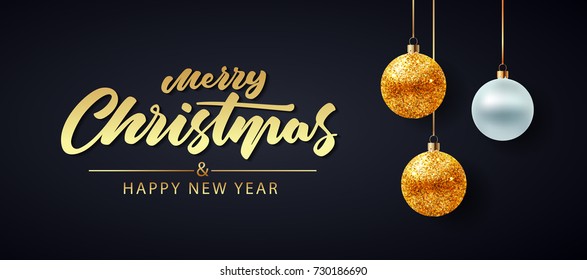 Golden Christmas balls on dark background. Vector illustration