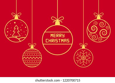 Golden Christmas balls on red background. Vector illustration.