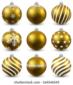 Golden christmas balls on white surface. Set of isolated realistic decorations. Vector illustration. 