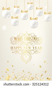 Golden christmas balls on white background with blurred sparks and confetti. Christmas invitation card with template text. Vector illustration.