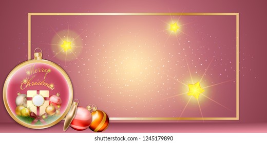 Golden Christmas Balls and Ornaments Decoration with Golden frame on pink background Banner.