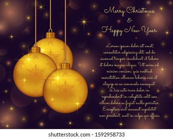 Golden Christmas balls with a pattern of snowflake on a bright background with bokeh effect. Xmas new year greeting card with template for your text. Colorful shiny vector illustration.