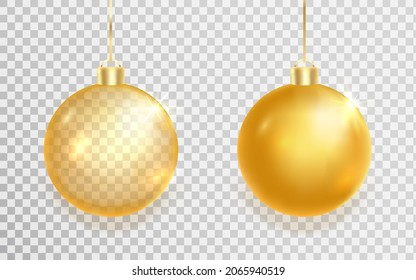 Golden Christmas balls set. 3d luxury bauble design element. Xmas gold decoration. Clear glass hang toy. New year gift. Glitter sphere. Festive present card. Vector illustration.