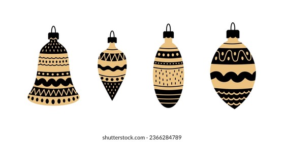 Golden Christmas balls set with line ornament. Xmas collection of vector illustration with elegant hand drawn bulbs for holiday design