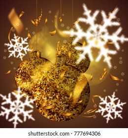 golden christmas balls with sparkles, with confetti and snowflakes on a yellow gradient background