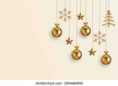 Golden Christmas Balls And Stars Background. Festive Xmas Gold Jewelry Decoration And Bright Snowflakes, Hanging On A Ribbon.