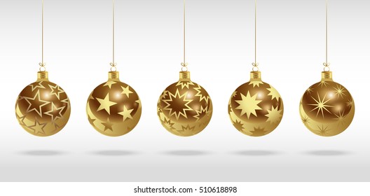 Golden christmas balls with stars. Set of isolated realistic scenery. Vector illustration.