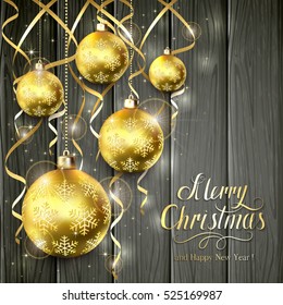 Golden Christmas balls and tinsel on black wooden background, lettering Merry Christmas and Happy New Year with gold holiday decoration, illustration.