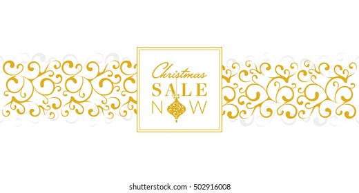 Golden Christmas Banner with Elegant Ornaments and Sale Lettering