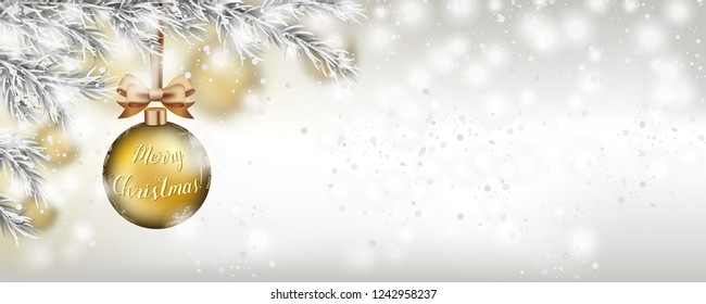 Golden Christmas bauble with golden ribbon loop hangs on a snowy Christmas tree. Eps 10 vector file.