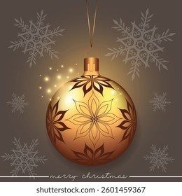 Golden Christmas bauble tree decoration featuring a floral design on a  snowflake background.
