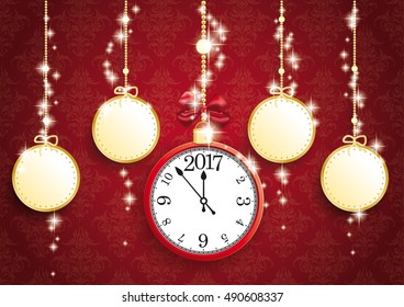 Golden christmas baubles with clock and date 2017 on red background. Eps 10 vector file.