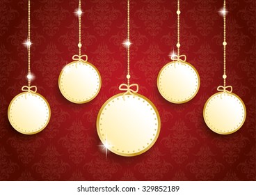 Golden christmas baubles on red background. Eps 10 vector file.