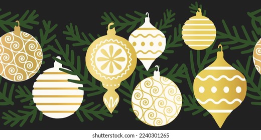 Golden Christmas baubles seamless vector border. Repeating horizontal pattern with elegant hanging Christmas ornament garland gold foi. For holiday greeting card, footers, banner, fabric trims