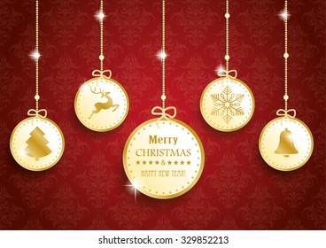 Golden christmas baubles with symbols on red background. Eps 10 vector file.