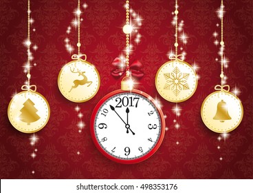 Golden christmas baubles with symbols and red clock on the red background. Eps 10 vector file.