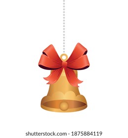 golden christmas bell with bow hanging vector illustration design