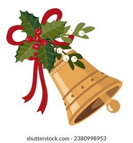 Golden Christmas bell decorated with holly, mistletoe with berries. A ringing bell on a holly branch with red berries. Illustrated vector clipart.