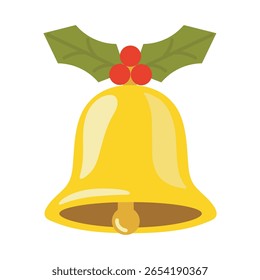 Golden Christmas bell with holly berries clipart. Christmas illustration for kids