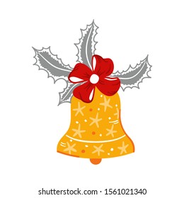 Golden Christmas Bell with Red Bow. Hand Drawn Doodle Jingle Bells with Ribbon and Holly Berries and Leaves. Winter Holidays, Christmas and New Year Vector Design