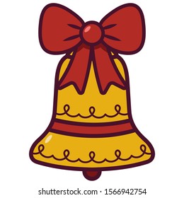 Golden Christmas bell with red bow isolated. Holiday decoration symbol. Stock vector illustration for print