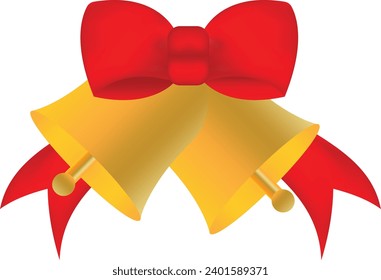 Golden Christmas Bell and red ribbon on white isolated.Vector illustration