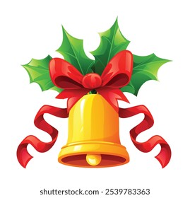 Golden Christmas bell with red ribbon and holly leaves, ideal for holiday decoration. Vector cartoon illustration