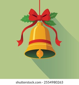 Golden Christmas Bell with Red Ribbon and Holly Leaves Illustration