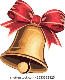 Golden Christmas bell tied with a red ribbon, for festive designs, holiday cards, web icons