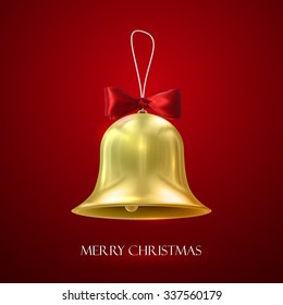 Golden Christmas Bell. Vector Holiday Illustration Of Golden Bell With Red Bow