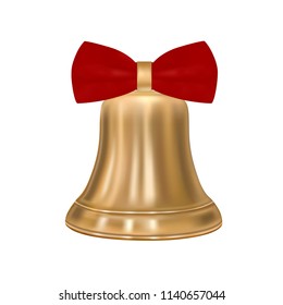 Golden Christmas bell in vector on white background.A bell with a bow in the vector.Vector illustration of a Christmas bell.