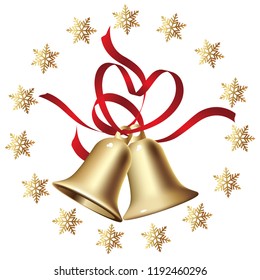 Golden Christmas bells with a circle snow flake frame, vector illustration.
