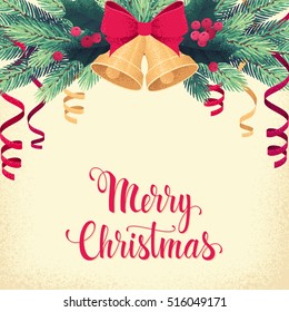 Golden Christmas bells with fir branches, red bow, paper streamers, holly leaves and berries. Merry Christmas lettering. Retro vector illustration. Design for poster, invitation, card, banner, flyer
