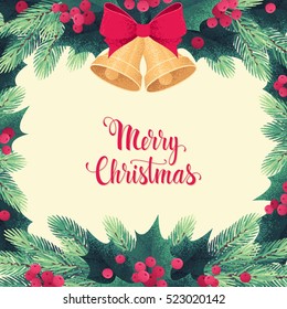 Golden Christmas bells frame with fir branches, red bow, holly leaves and berries. Retro vector illustration. Merry Christmas lettering. Place your text. Poster, invitation, flyer, card