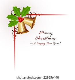 Golden Christmas bells with Holly berries and tinsel isolated on white background, illustration.