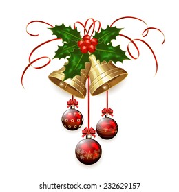 Golden Christmas bells with Holly berries, tinsel and red baubles isolated on white background, illustration.